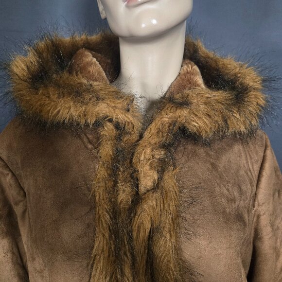 Vintage 60s 70s Penny Lane Coat Size M Boho Brown Faux Suede Faux Fur Mid Length - Picture 5 of 16